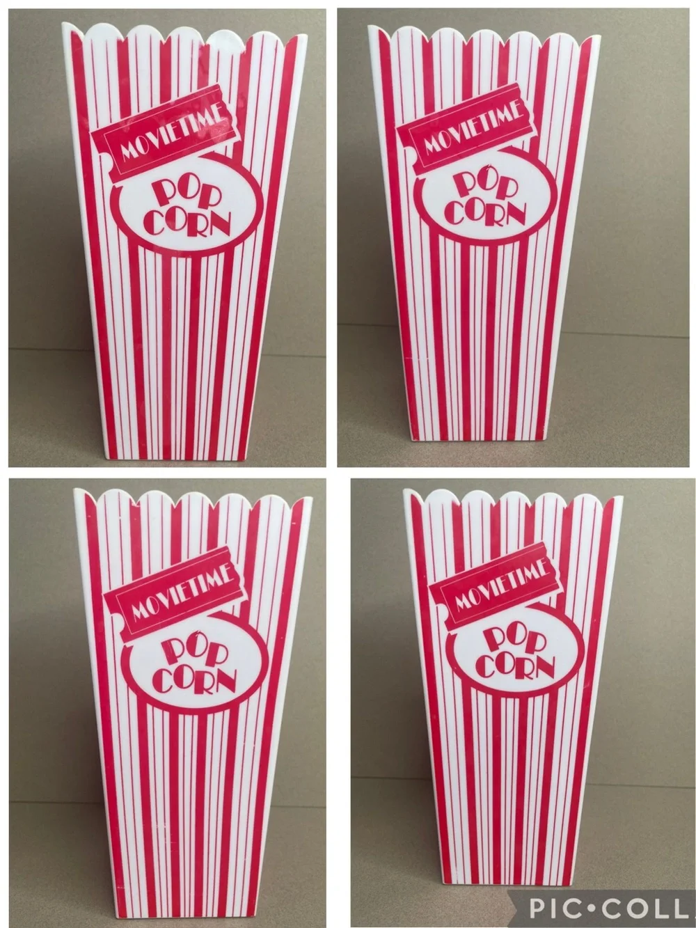 Set of 4 Movie Time Popcorn Buckets Vintage Plastic Tubs Striped Home Theater
